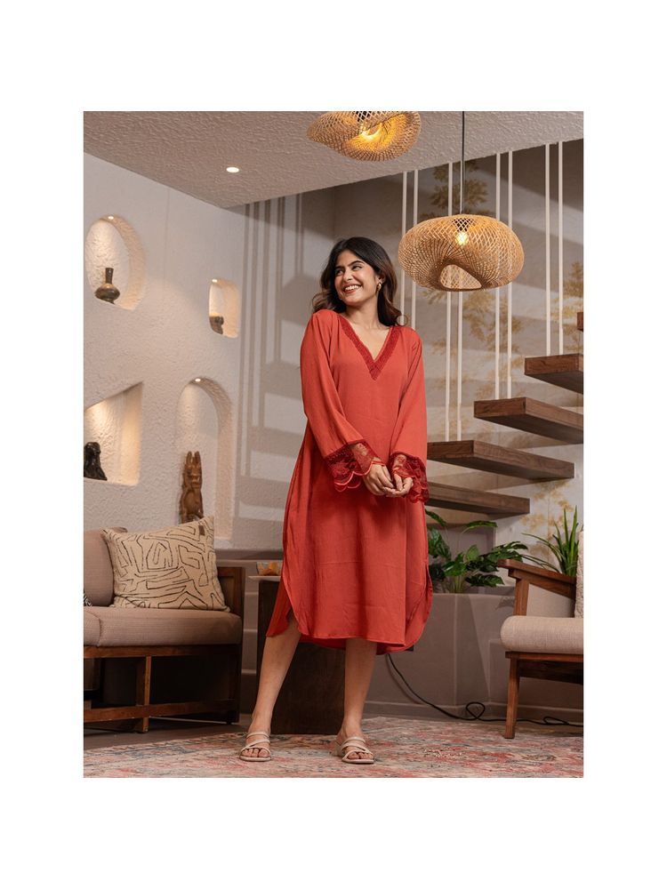 FEATHERS CLOSET Rust Orange Soft Crepe V-Neck Midi Night Dress-picture-23