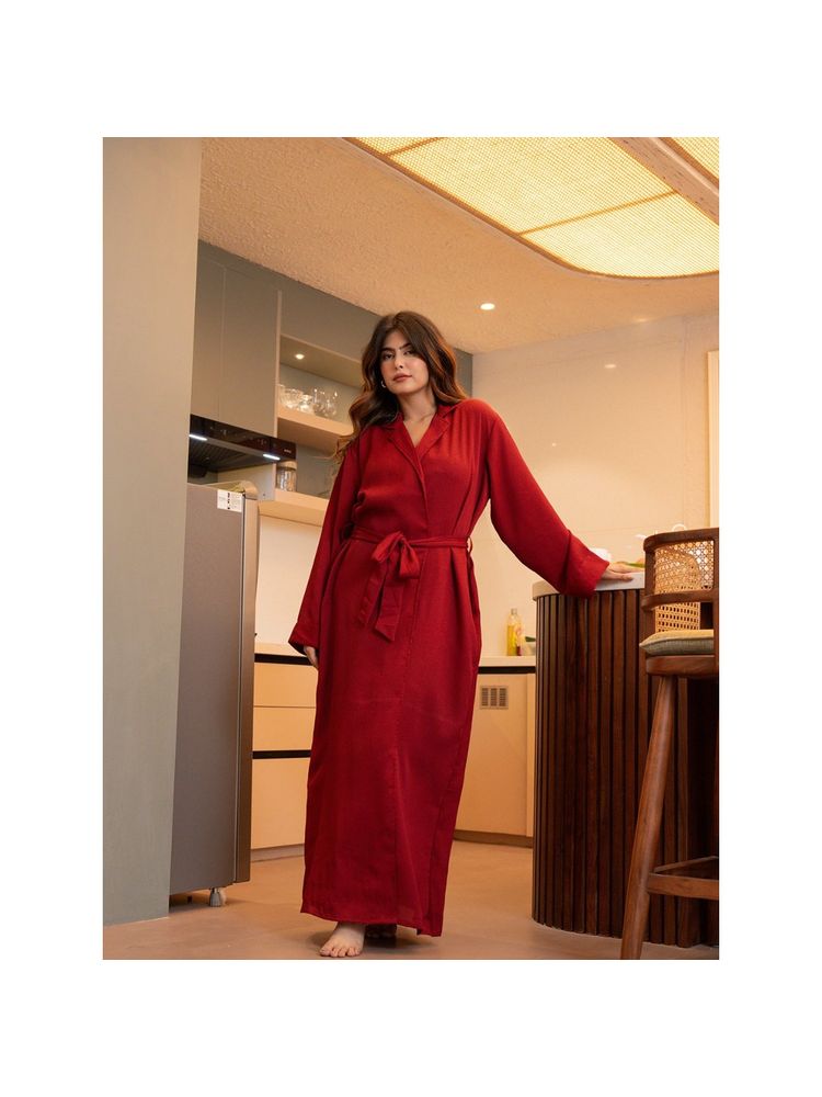 FEATHERS CLOSET Raspberry Red Soft Crepe Robe-image-15