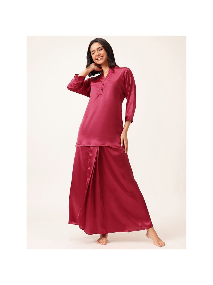 Clovia Chic Basic Satin Long Button Down Top With Dhoti Style Skirt (Set of 2)-picture-13