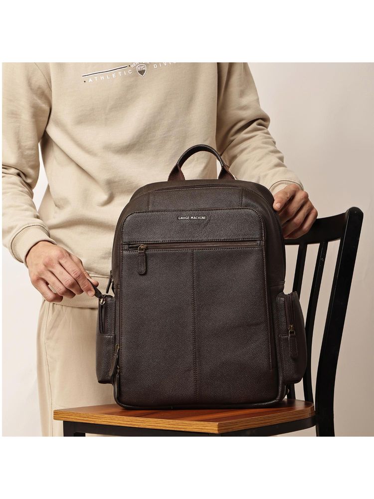 Gauge Machine Unisex Brown 16 Inch Genuine Leather Laptop Backpack-picture-28