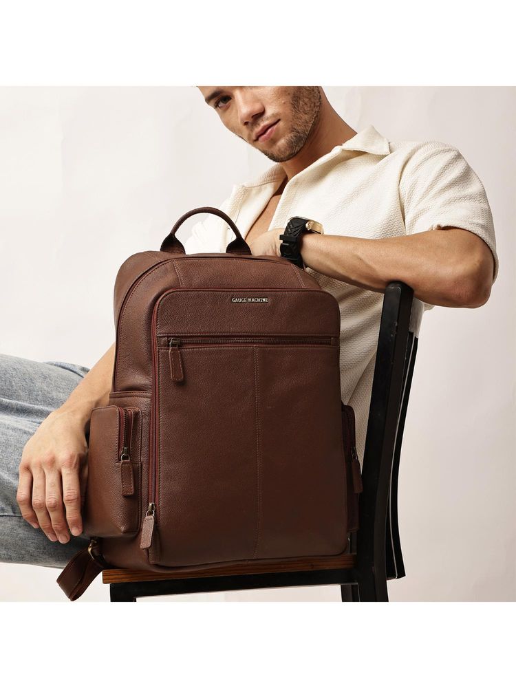 Gauge Machine Unisex Tan 16 Inch Genuine Leather Laptop Backpack-picture-13