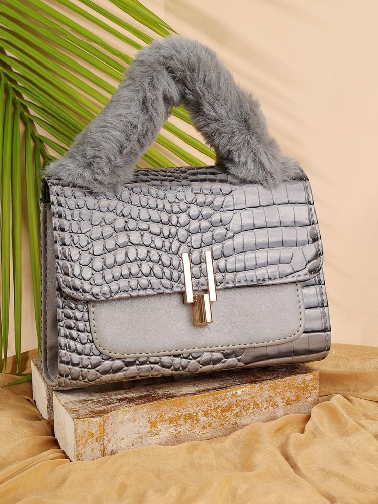ZEVORA Women Textured Handbag With Detachable Strap - Grey-image-10