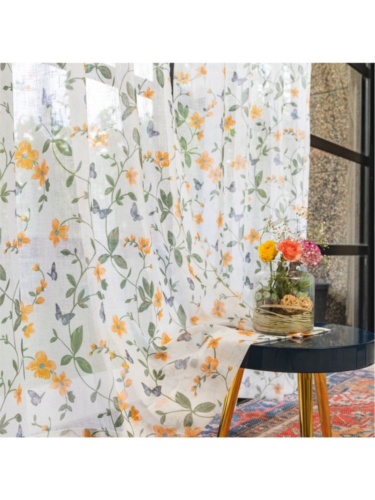 Urban Space Sheer Curtain for Window with Eyelets & Tieback-Floral Yellow (Set of 2)