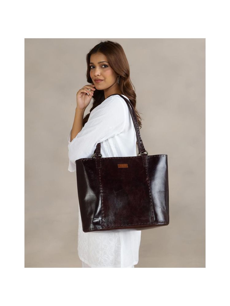 Fabindia Brown Solid Leather Tote Bag-image-31