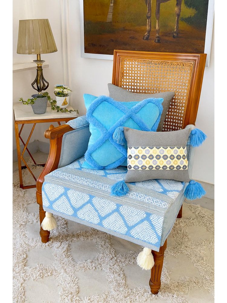 THROW PILLOW Grey Blue Geometric With White Corner Tassel Sofa Cover-image-47