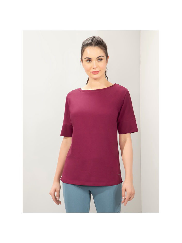 Amante Women Boat Neck Relaxed Fit Solid Elements Long Length T-shirt-Wine-picture-27