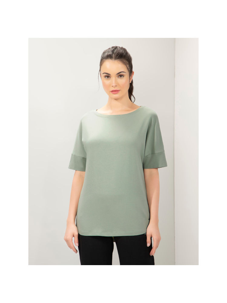 Amante Women Boat Neck Relaxed Fit Solid Elements Long Length T-shirt-Green-image-8