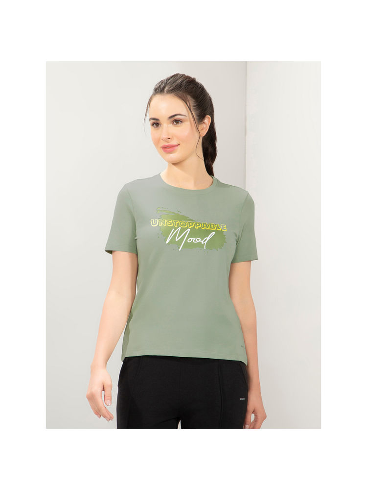 Amante Women Crew Neck Relaxed Fit Essential Printed T-shirt-Green-image-6