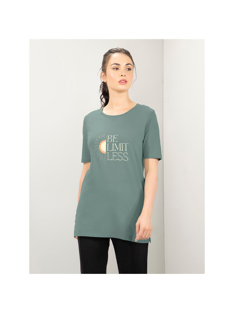 Amante Women Relaxed Fit Printed Short Sleeves T-Shirt With Side Slits-Green-image-0