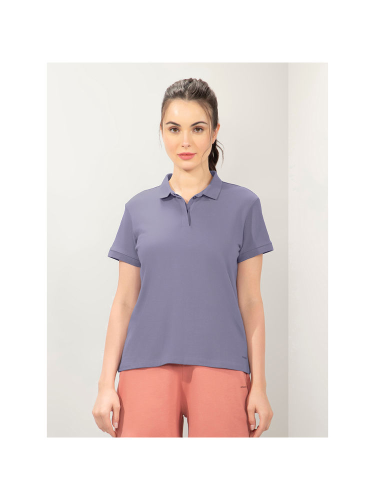 Amante Women Collar Neck Straight Fit Solid Polo T-Shirt-Purple-picture-13
