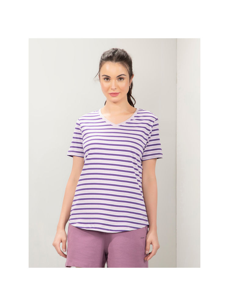 Amante Women V-Neck Relaxed Fit Stripe T-Shirt-Purple-image-3