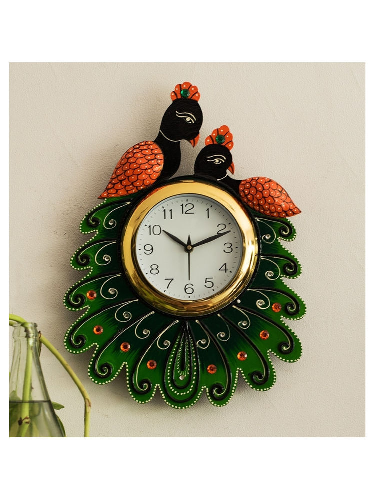 eCraftIndia Green Papier-Mache Handcrafted Peacock Designer Wall Clock-picture-12