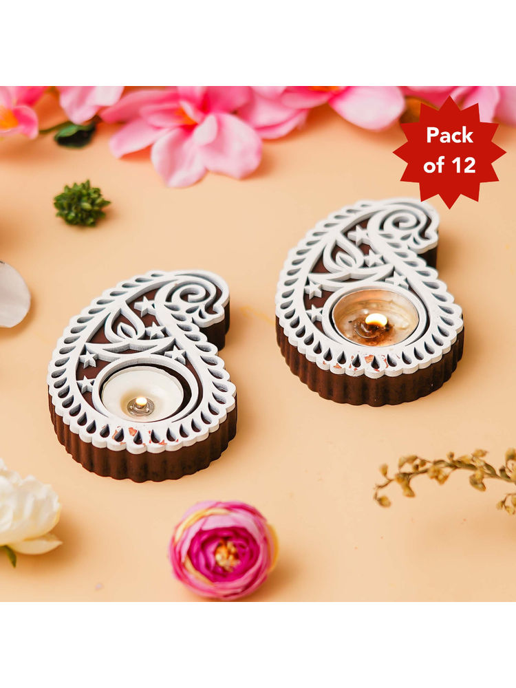 eCraftIndia Brown & White Buta Paisley Shaped Wooden Tea Light Candle Holders (Pack of 12)-picture-31