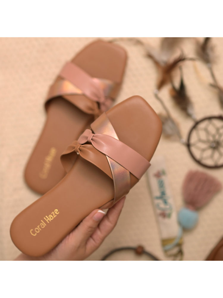 Coral Haze Rose Gold and Nude Colored Multiple Criss Cross Straps Flats