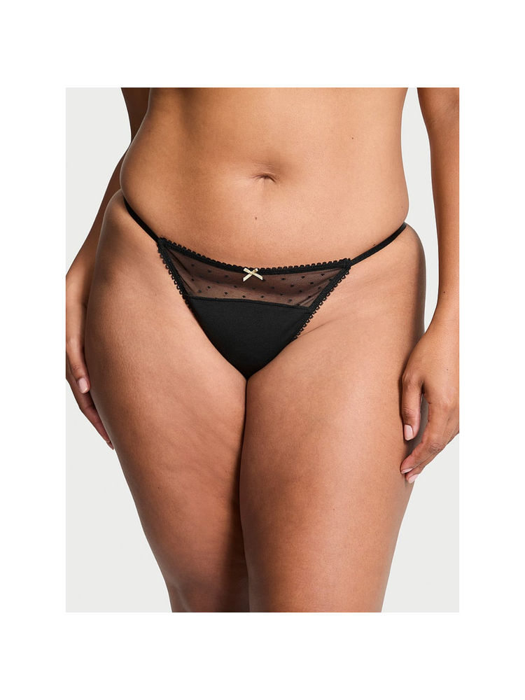 victoria's secret intimates Victoria's Secret Black Stretch Cotton Dot Mesh V-String Panty-picture-25