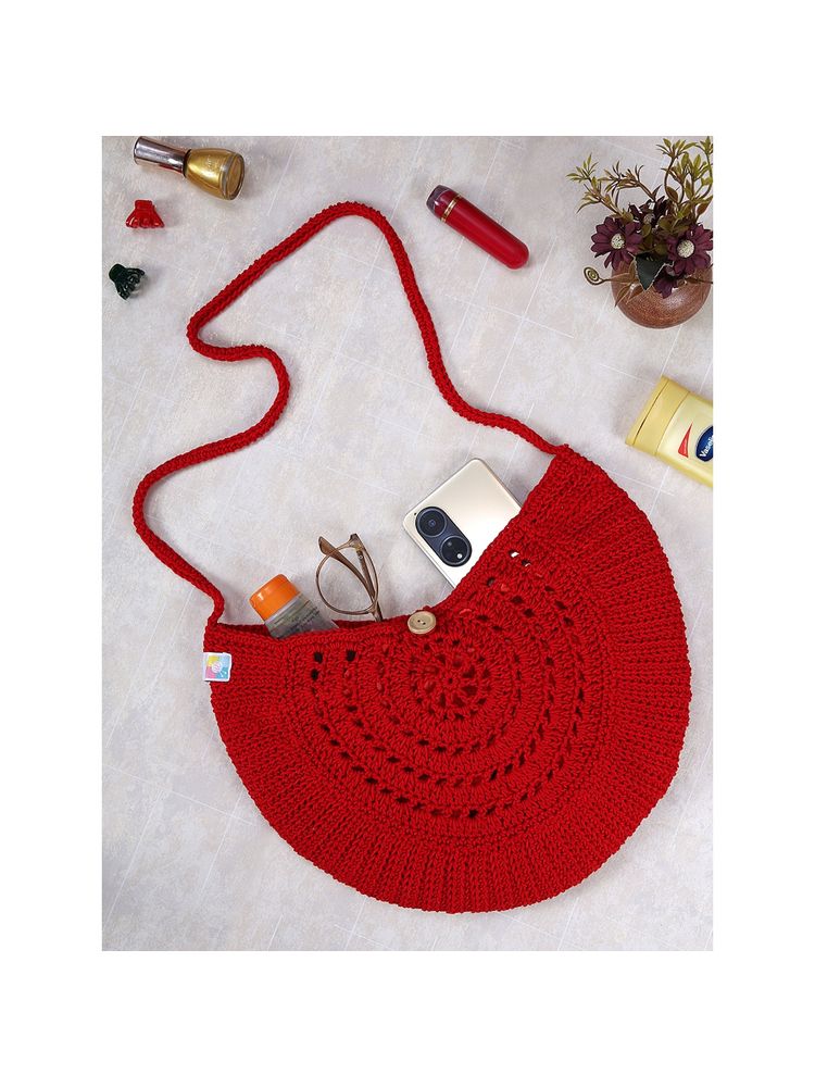 Magic Needles Red Handmade Boho Cotton Sling Bag-picture-15