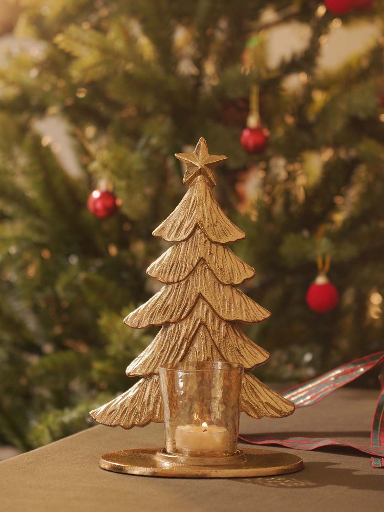 Pure Home + Living Gold Metal Christmas Tree with Hammered Tealight Holder-picture-10