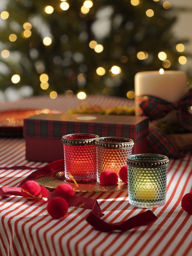 Pure Home + Living Green Red Amber Textured Glass Tealight Holders (Pack Of 3)-image-24