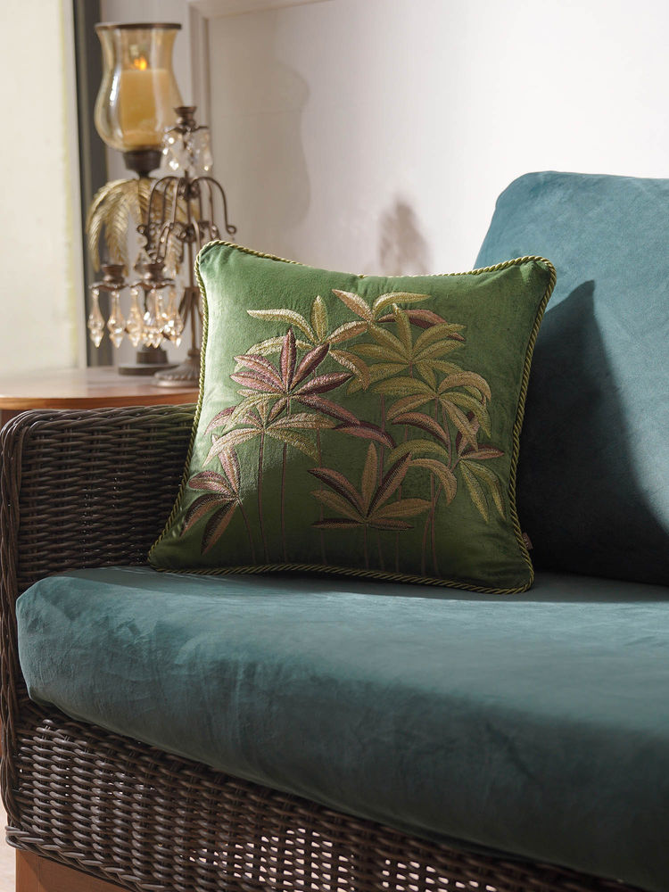 Pure Home + Living Green Leaf Embroidered Cushion Cover (16x16 Inches)-image-2