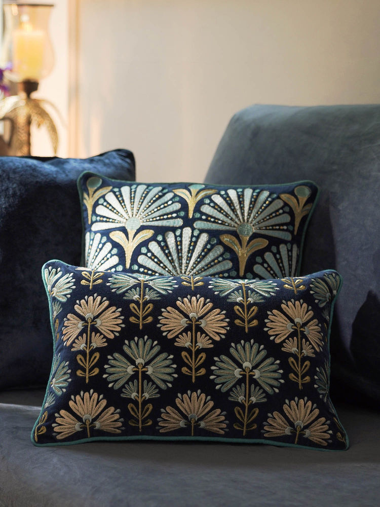Pure Home + Living Blue Floral Embroidered Cushion Cover (12X18 Inches)-image-6