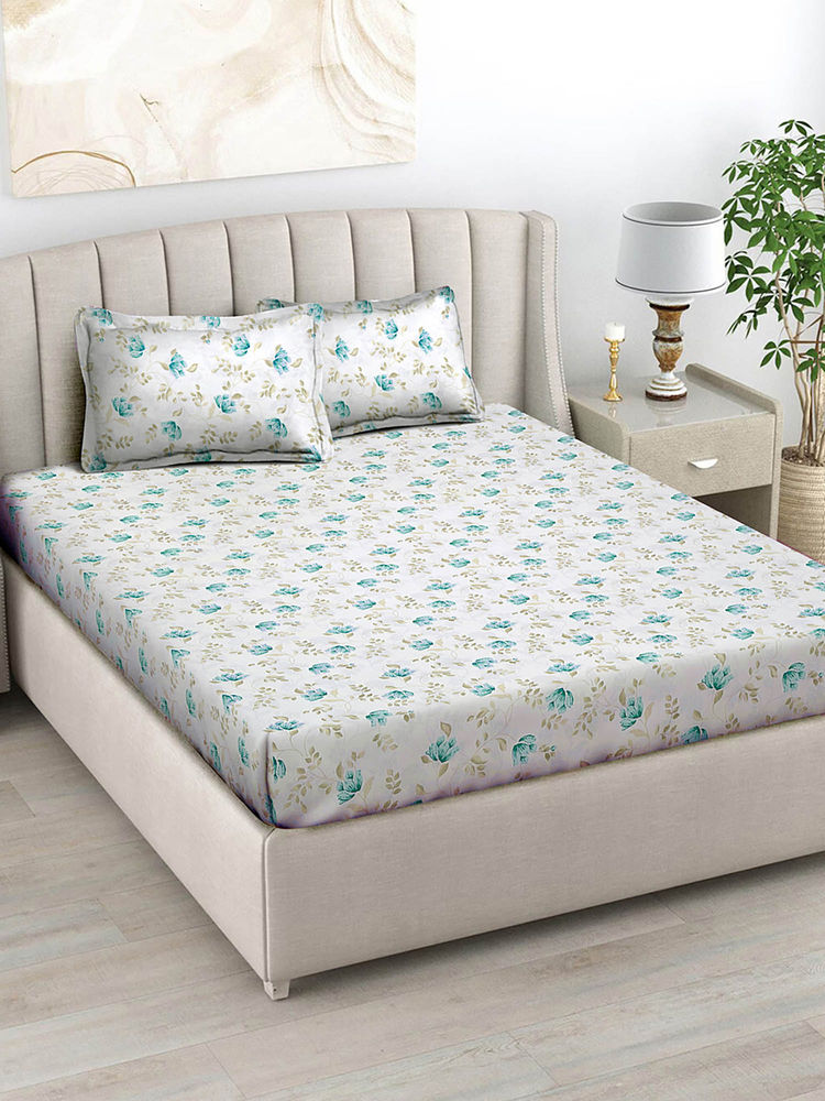 FABINALIV White Floral 300 TC Cotton Blend King Size Double Bedsheet with 2 Pillow Covers-picture-15