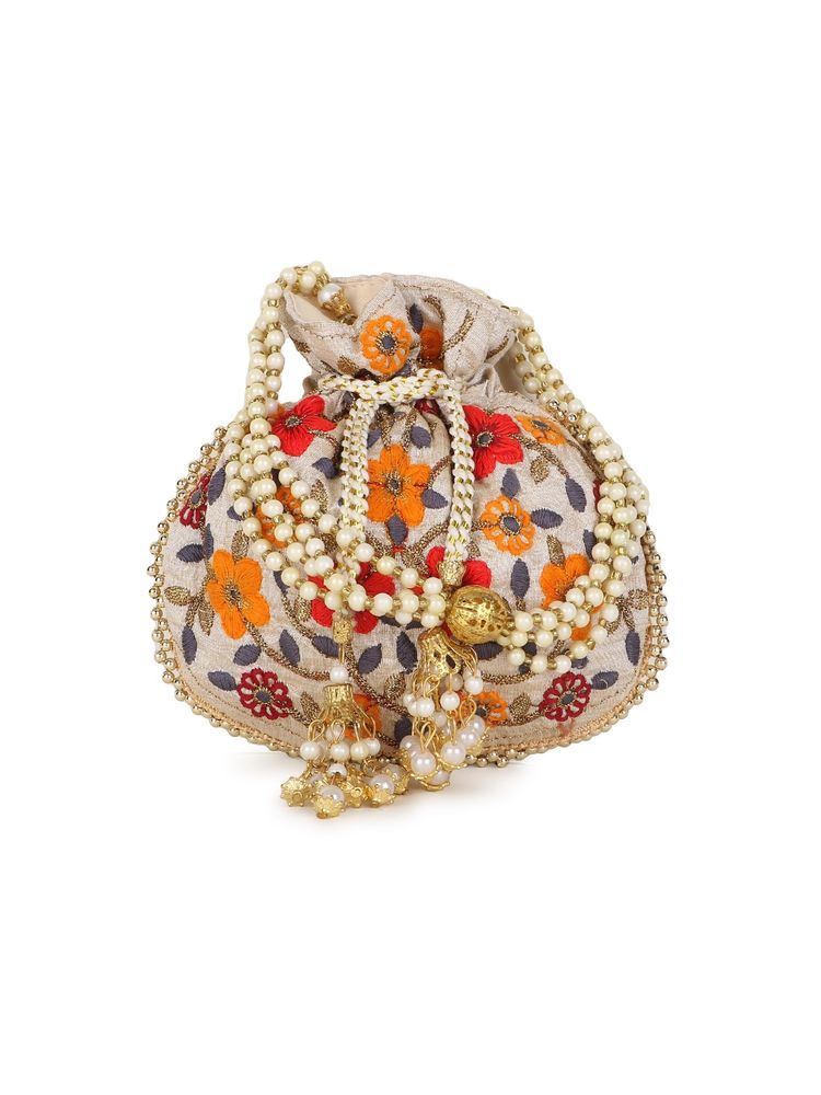Anekaant Dangle Cream and Multi Floral Embroidered Faux Silk Potli-picture-22