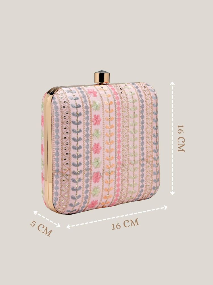 Anekaant Woven Reverie Pink Faux Silk Floral Embroidered Clutch with Detachable Chain-image-18