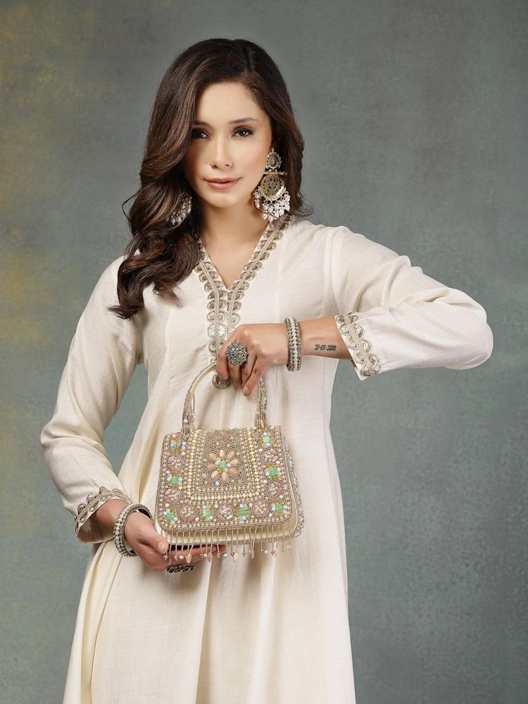 Anekaant Blush and Bead Gold Satin Concentric Beadwork Embellished Clutch-image-19