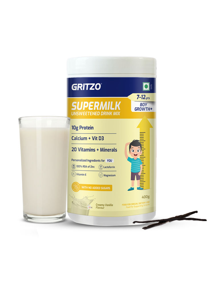 Gritzo Supermilk Growth+ 10G Protein Powder Unsweetened Drink Mix For 7-12Y Boys - Creamy Vanilla-picture-2