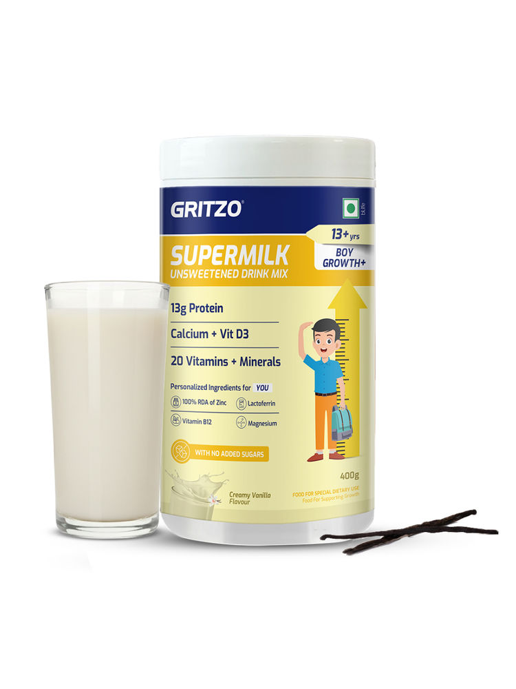 Gritzo Supermilk Growth+ 13G Protein Powder Unsweetened Drink Mix For 13+Y Boys - Creamy Vanilla-picture-16