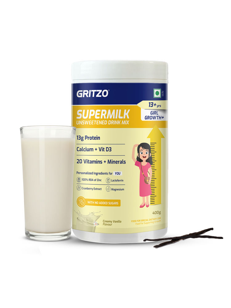 Gritzo Supermilk Growth+ 13G Protein Powder Unsweetened Drink Mix For 13+Y Girls - Creamy Vanilla-image-30