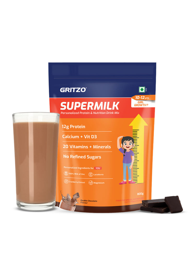 Gritzo Supermilk Growth+ 12G Protein Powder For 10-12Y Girls - Double Chocolate