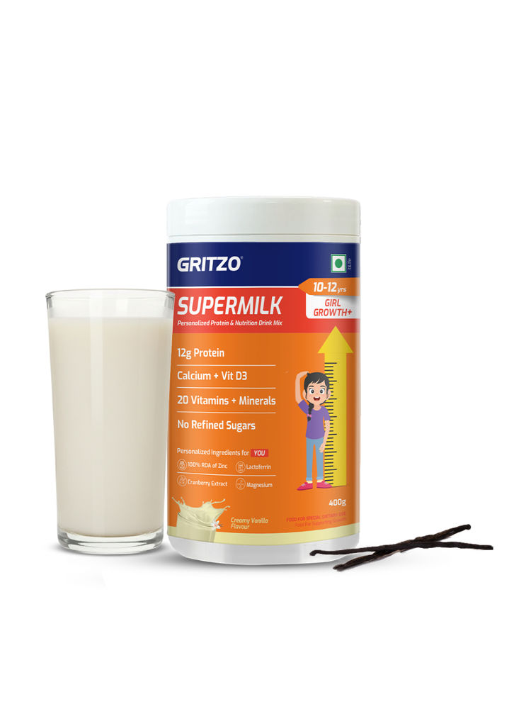 Gritzo Supermilk Growth+ 12G Protein Powder For 10-12Y Girls - Creamy Vanilla