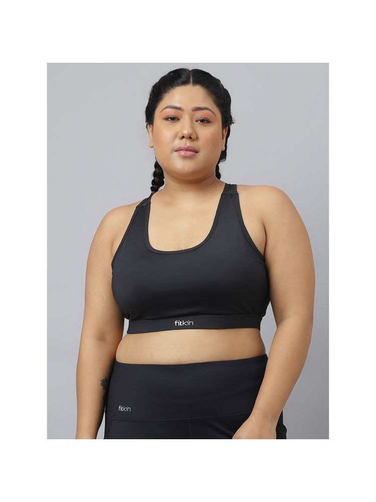 Fitkin Fikin Plus Size Multi Strap Medium Support Black Sports Bra-image-10