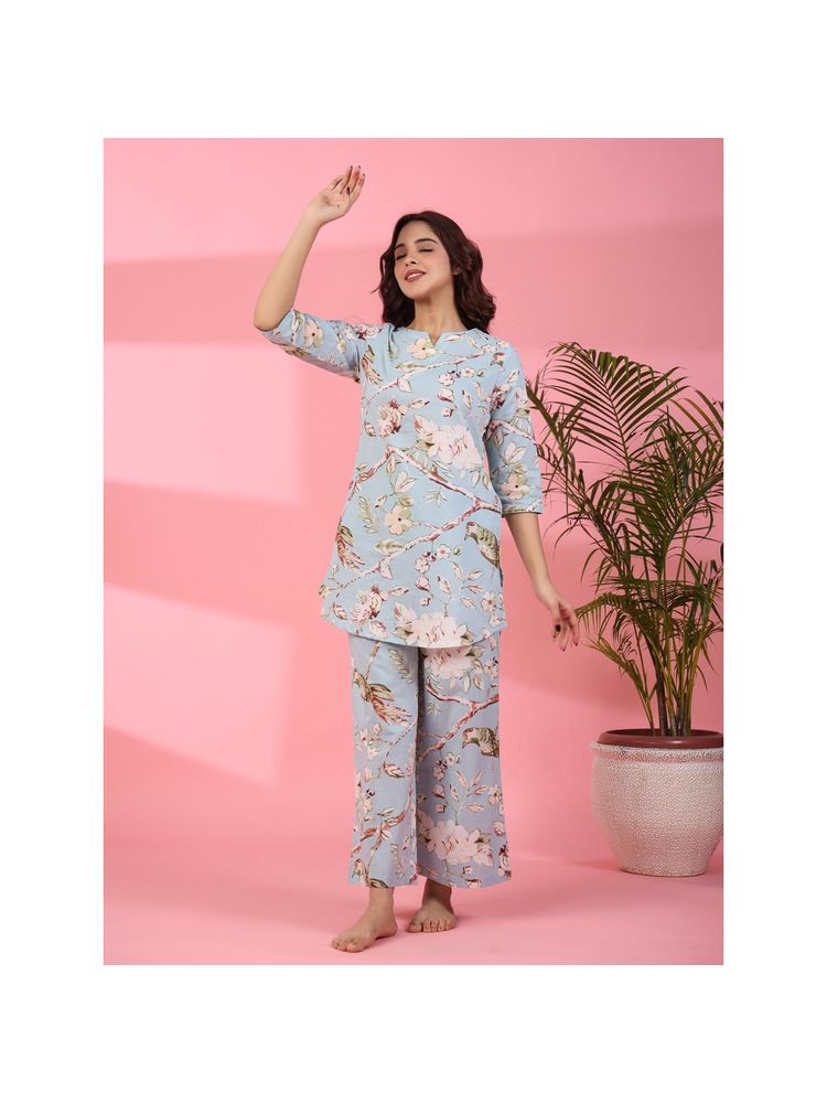 SAY Women Pure Woven Cotton Blue Kurti with Pant (Set of 2)-image-6