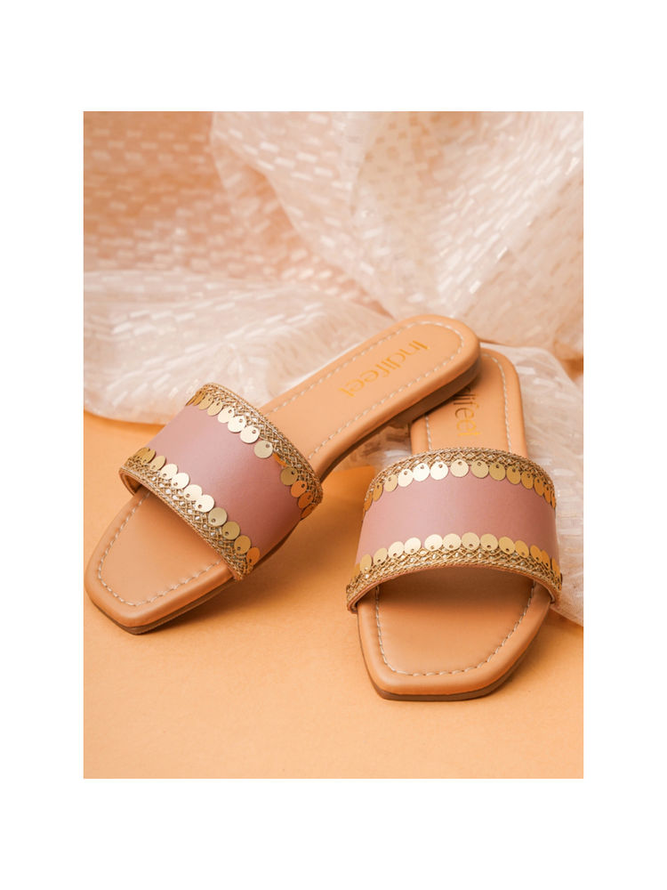 Indifeet Nude Pink Ethnic and Traditional Flats for Festivals with Golden Sequins-image-2