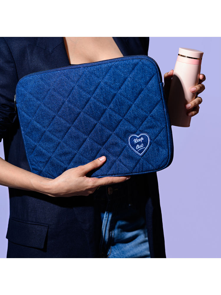 Earth Bags Quilted Heart Denim Laptop Sleeve Blue-picture-25