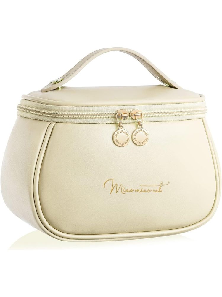 Awestuffs White Portable Waterproof PU Leather Make Up and Luxury Retro Cosmetic Bag