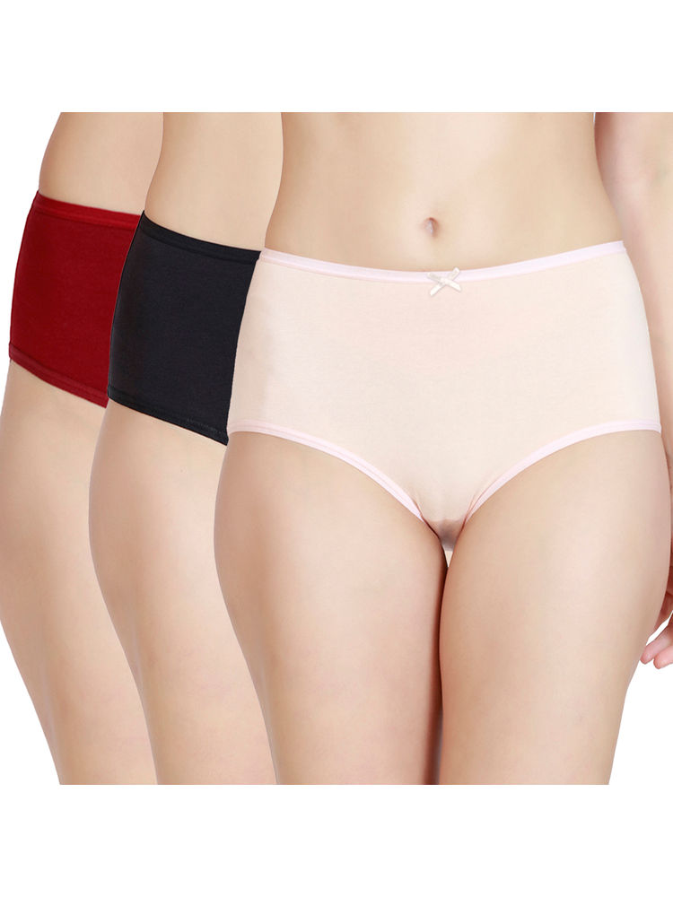Nykd by Nykaa Cotton Full Brief Panties with Anti Odor NYP036-Black Nude Maroon (Pack of 3)