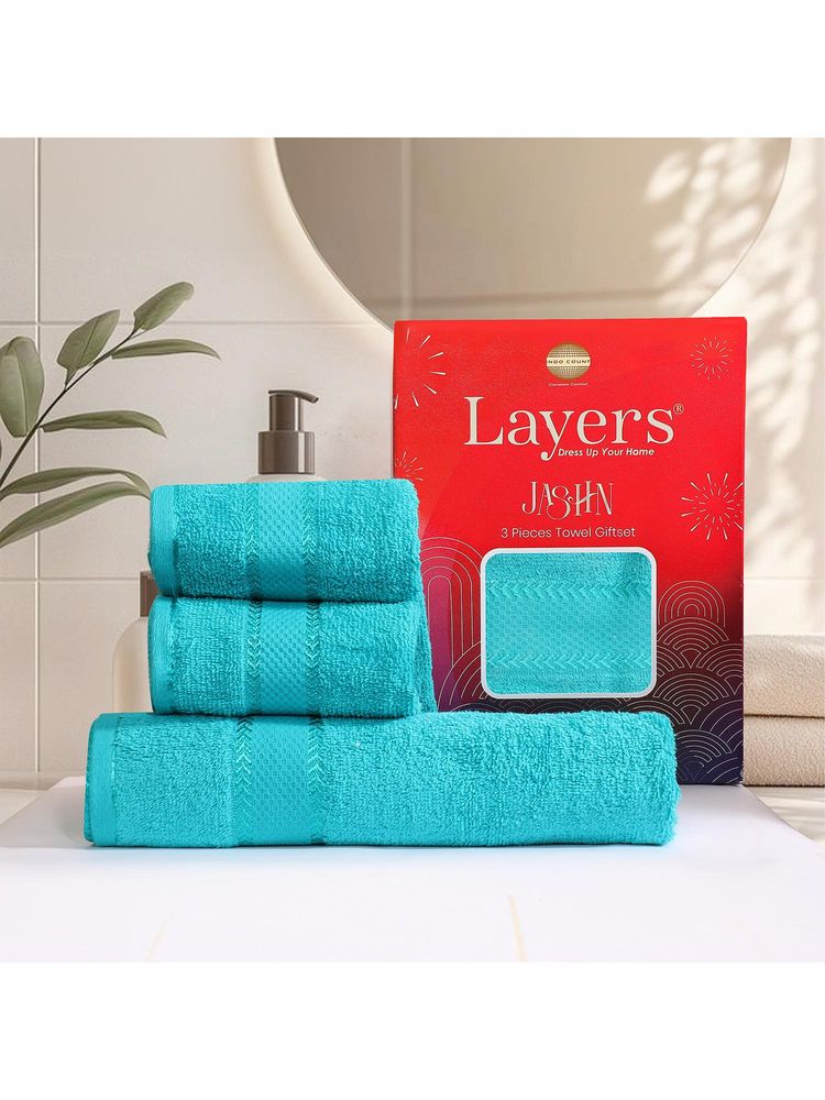 Layers Jashn 100% Cotton 380 GSM Turquoise 1 Bath Towel with 2 Hand Towel Combo Set-image-8