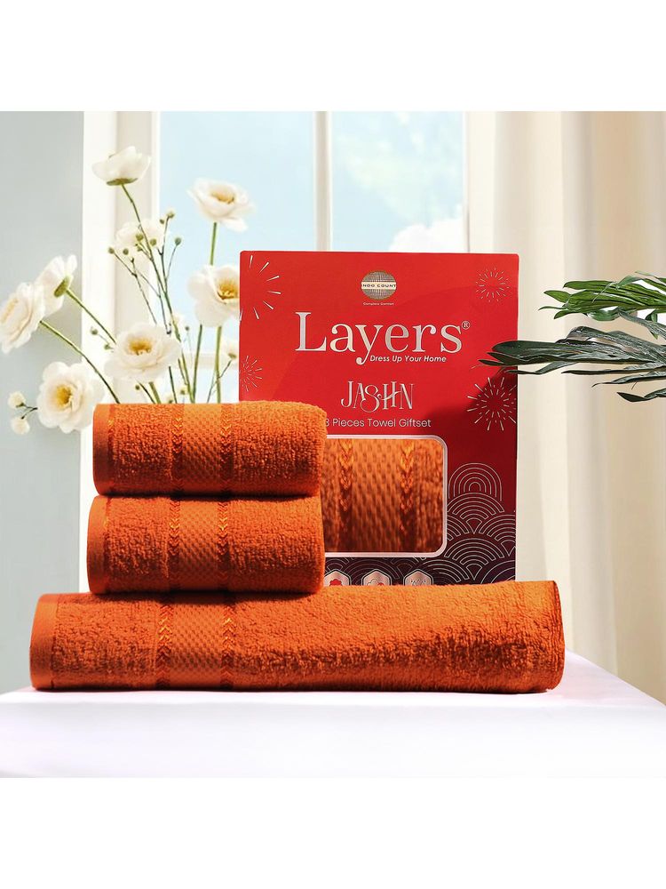Layers Jashn 100% Cotton 380 GSM Orange 1 Bath Towel with 2 Hand Towel Combo Set-image-5