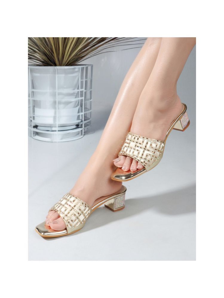 Carlton London Gold Slip On Square Toe Women Block Heel Sandals-image-47