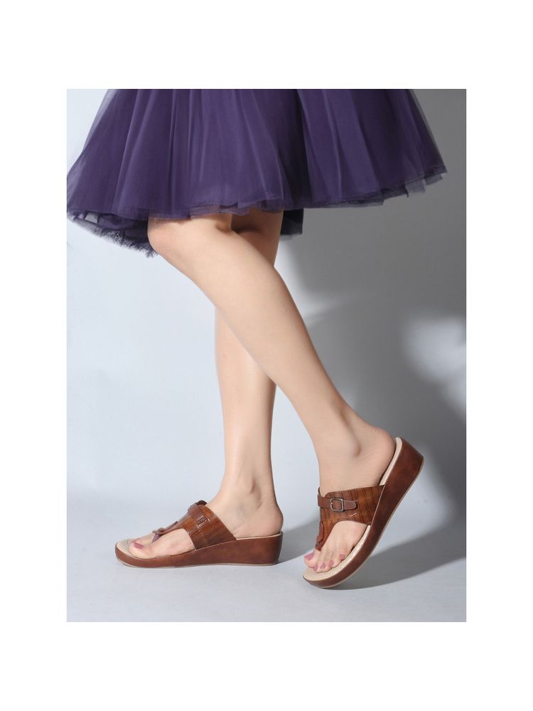 Carlton London Brown Open Toe Casual Wedge Sandals for Women-image-14