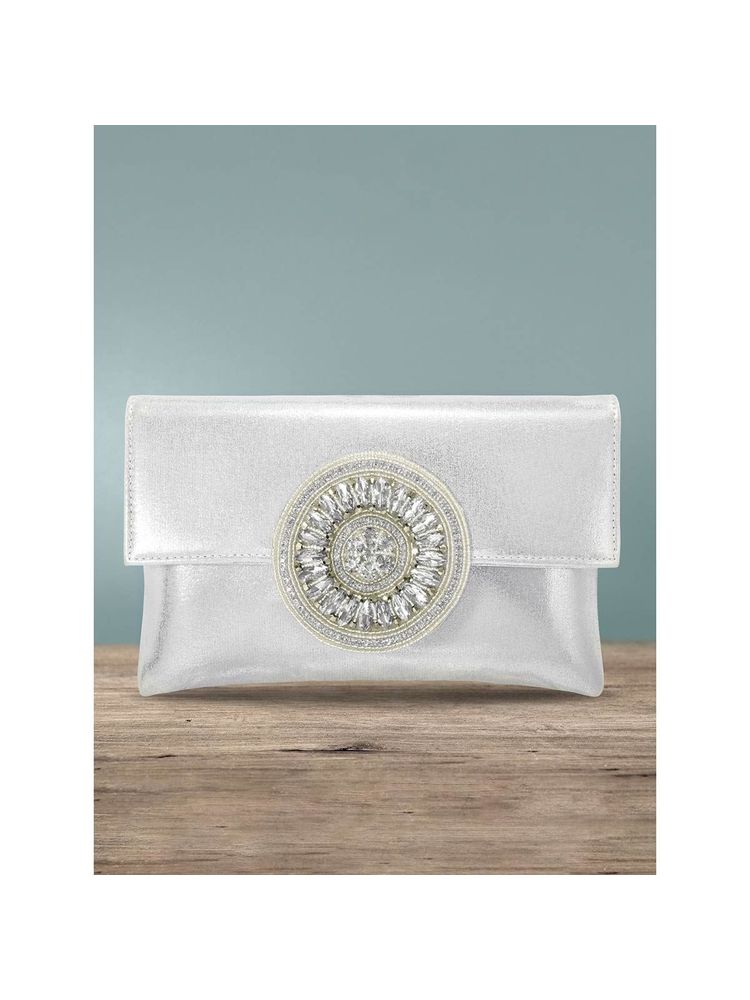 Peora Silver-Toned Embellished Envelope Clutch -C32S-image-2