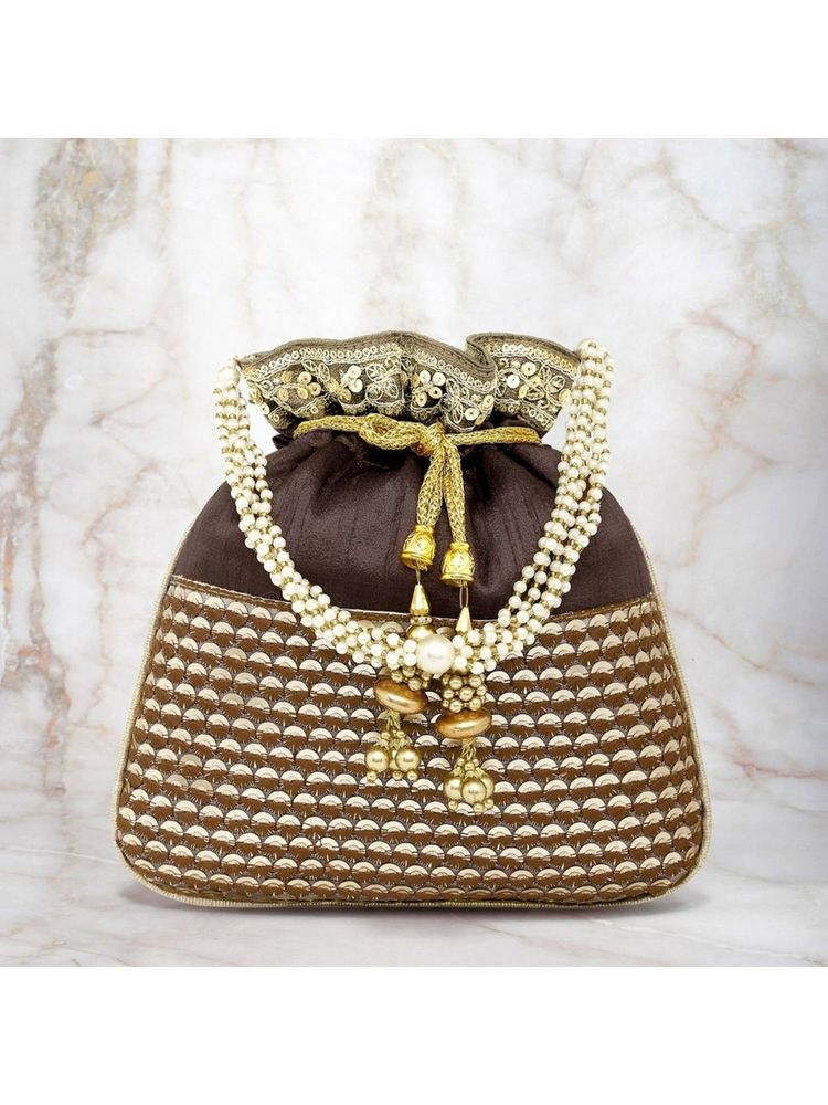 Peora Potli Bags Evening Bags Ethnic Bride Purse with Drawstring Brown - P05BR-image-36