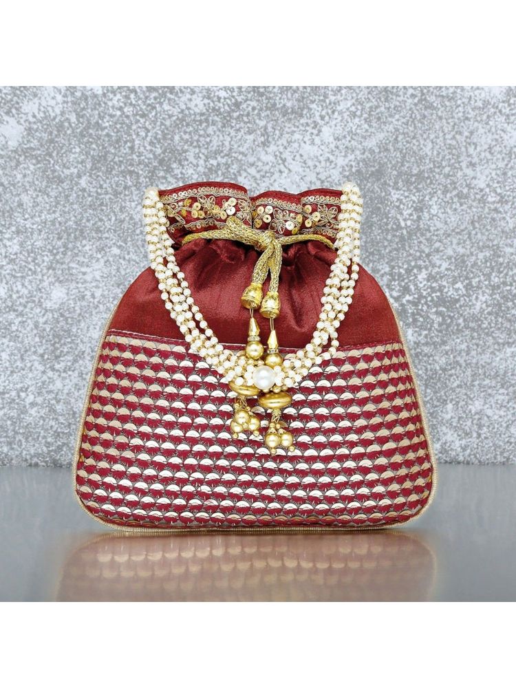 Peora Potli Bags Evening Bags Ethnic Bride Purse with Drawstring Maroon - P05M-image-4