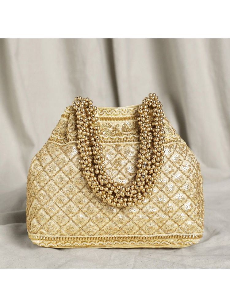 Peora Potli Bags Handmade Evening Wristlet Handbags Stylish Bridal Cream - P121CRM-image-10