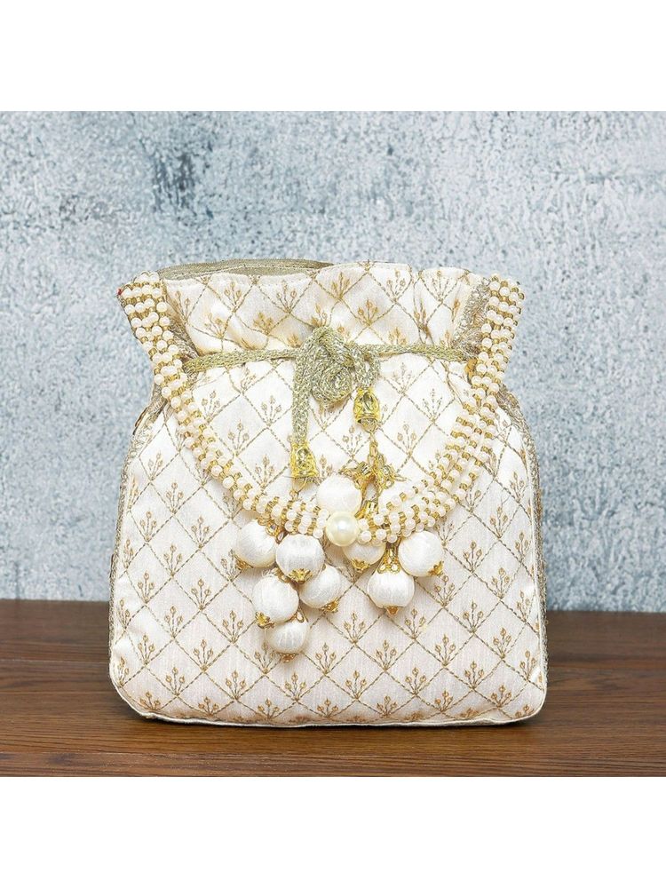 Peora Potli Bags Handmade Evening Wristlet Handbags Stylish Bridal Purse White - P26W