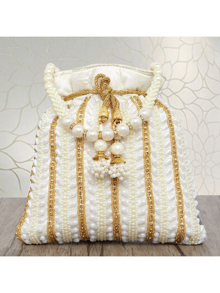 Peora Potli Bags Evening Bags Ethnic Bride Purse with Drawstring White - P82W-picture-20