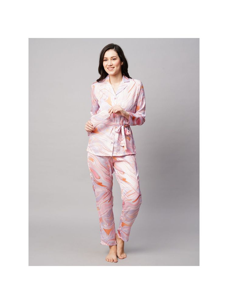Drape In Vogue Womens Peach Abstract Print Satin Night Suit-picture-25